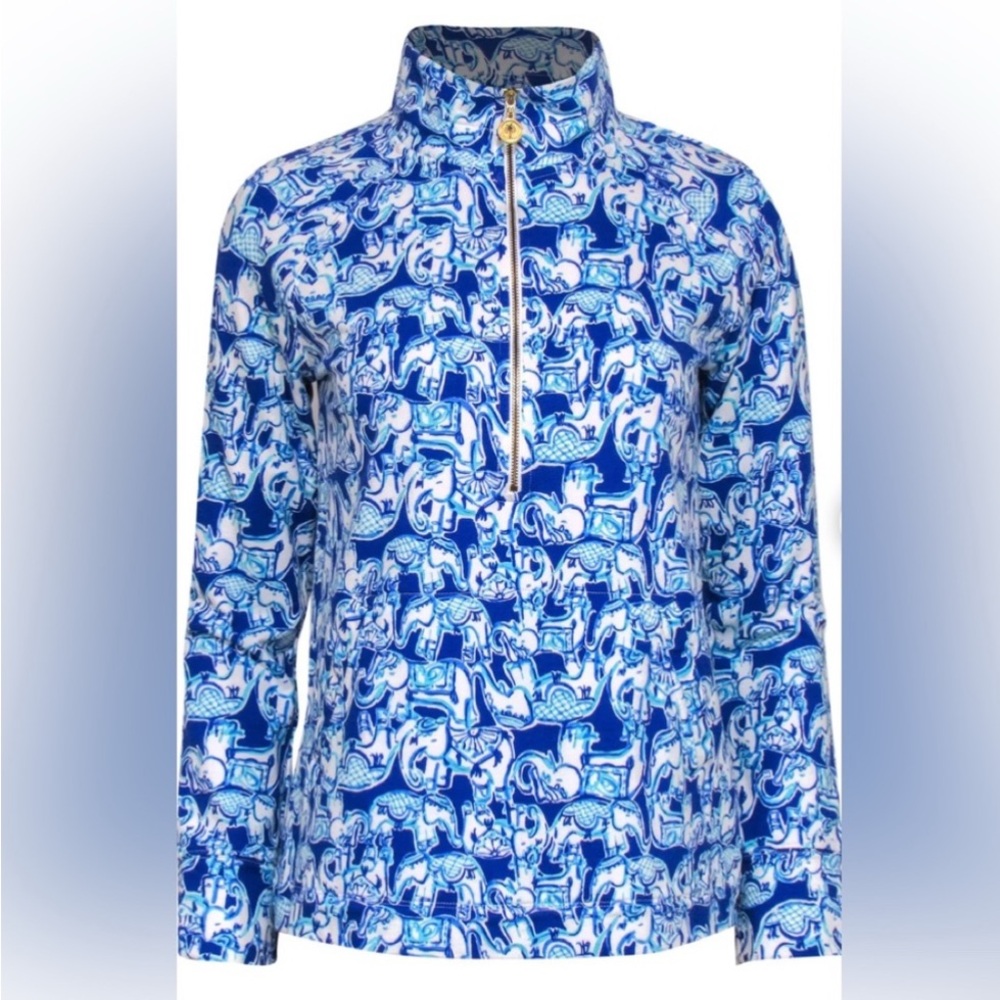 LNWOT, Lilly Pulitzer Luxletic - Blue Elephant Print Half Zipper Front, Size Sm